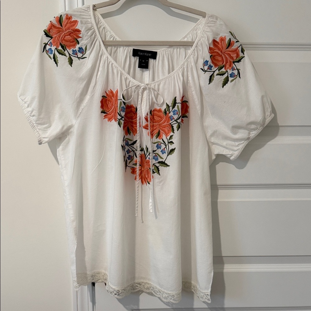 Karen Kane White Top with Orange and Blue Floral Design